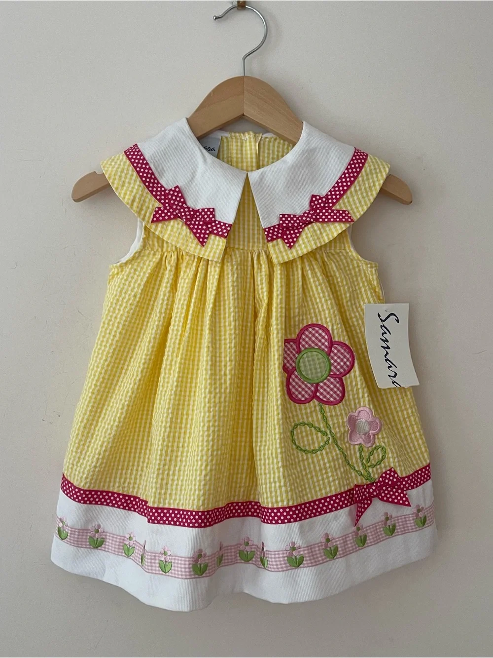 VINTAGE SAMARA NWT Bright Gingham Seersucker Floral Appliqué Collared Dress